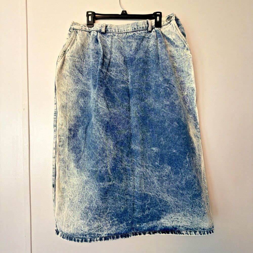 Vintage 80s Palmettos Acid Wash Denim Midi Skirt Pleated Button Back Slit L 16 - Picture 3 of 16